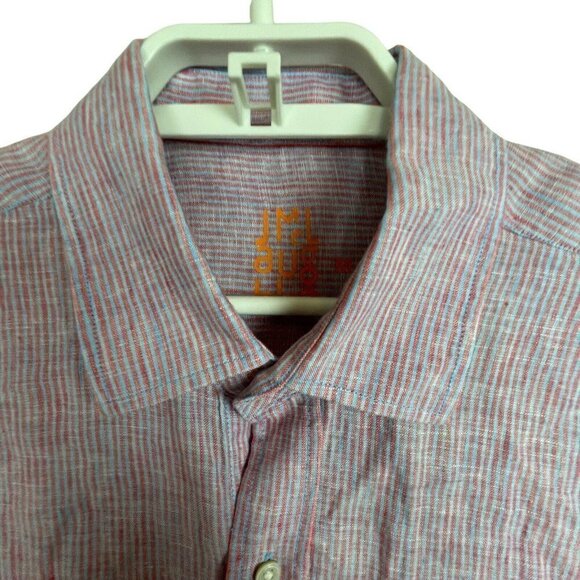 J McLaughlin Men's size M Linen Red Blue Striped Long Sleeve Button Up Shirt - Picture 3 of 7